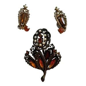 HOBE Vintage Gold Topaz Flower Brooch Set Clip Earring Rhinestones Faux Pearl